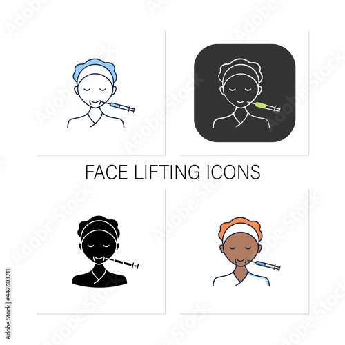 Cosmetic injection icons set.Face lifting.Smile.Form correction. Rejuvenation. Full syringe. Beauty cosmetic procedure.Collection of icons in linear, filled, color styles.Isolated vector illustrations