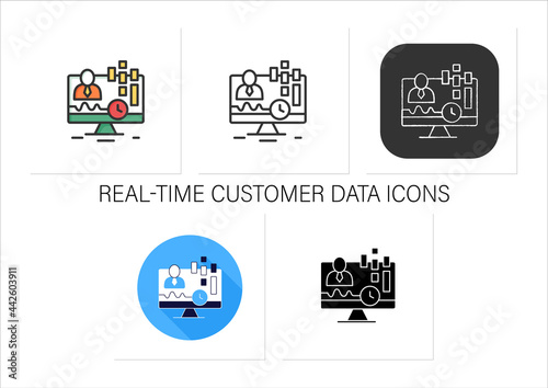 Real-time customer data icons set. Concentrates on real-time data captured from clients. Customer data concept.Collection of icons in linear, filled, color styles.Isolated vector illustrations