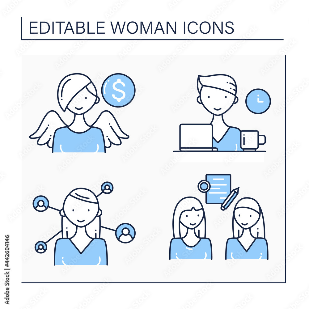 Woman line icons set. Networking, angel investor, business deal, freelancer. Successful woman concept. Isolated vector illustrations.Editable stroke Woman line icons set. Networking, angel investor, business deal, freelancer. Successful woman concept. Isolated vector illustrations.Editable stroke