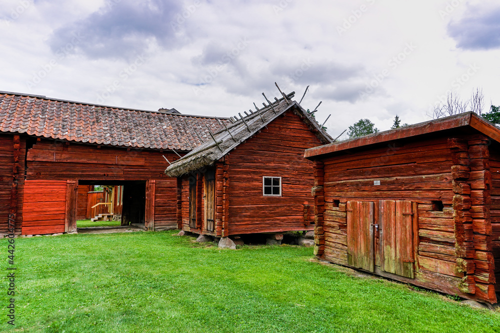 idyllic red cottages in the Swedish countryide with green meadows on a beautiful summer day