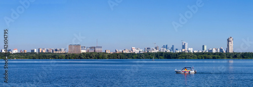 Panoramic view of Strogino lake in Moscow city. Summer activities.