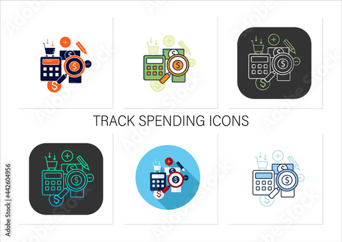 Budgeting icons set.Creating plan to spend money.Rational money distribution.Thoughtful spending money.Mindful spending.Collection of icons in linear,filled, color styles.Isolated vector illustrations
