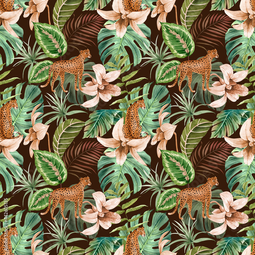 Fototapeta Naklejka Na Ścianę i Meble -  seamless pattern with watercolor illustrations leopards animals in the tropical plants and flowers, hand-painted on a dark background