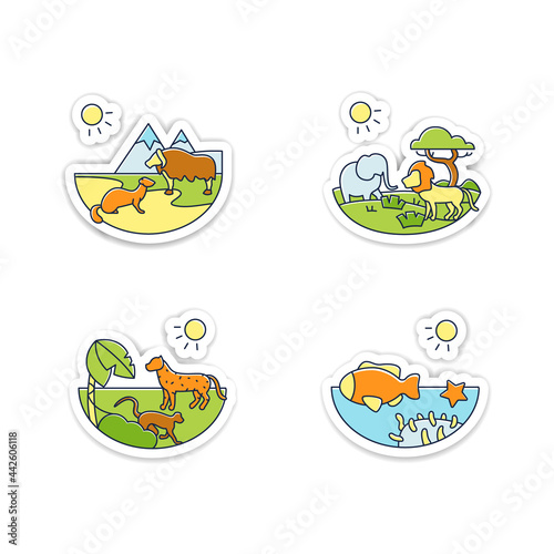 Biodiversity stickers icon. Tundra, tropical rainforest, savanna, coral reef badge for designs. Biodiversity vector emblem