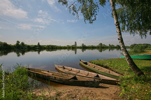 Eastern Europe  Republic of Belarus  Kachanovichi village  Pinsk district  Brest region. River and boats.