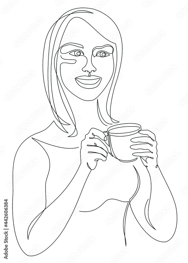 Silhouettes of a lady, she is holding a cup of coffee, tea in a modern one-line style. Solid line, aesthetic outline for home decor, posters, stickers, logo. Vector illustration. Silhouettes of a lady, she is holding a cup of coffee, tea in a modern one-line style. Solid line, aesthetic outline for home decor, posters, stickers, logo. Vector illustration.
