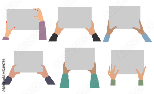 Human hands holding blank paper, isolated set. Vector illustration
