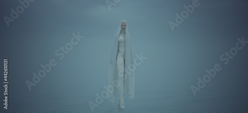 Εκτύπωση καμβά Female Spirit Very Tall Woman in White Walking in Water Overcast Foggy Day 3d Il