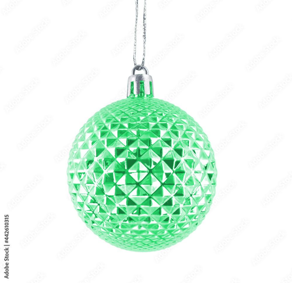 Hanging green shiny Christmas bauble isolated on white background. Hanging green shiny Christmas bauble isolated on white background.