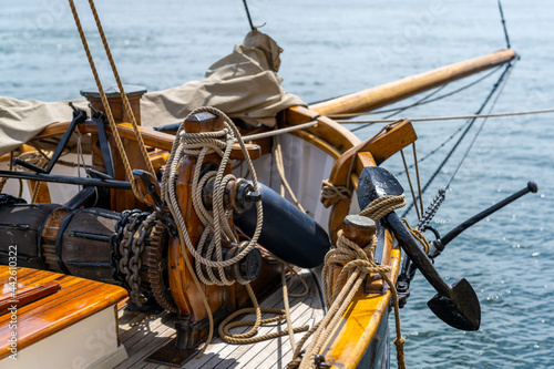 close up view of the rigging on an old wooden sailboat in the maritime museum on the Svendborg harbor front