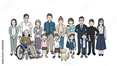 人々　老若男女　群衆　大勢　家族　セット　イラスト素材