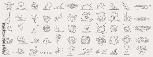 Cartoon smoke clouds. Comic smoke flows. Dynamite explosions, danger explosive bomb detonation and atomic bombs cloud comics. Isolated illustration icons set
