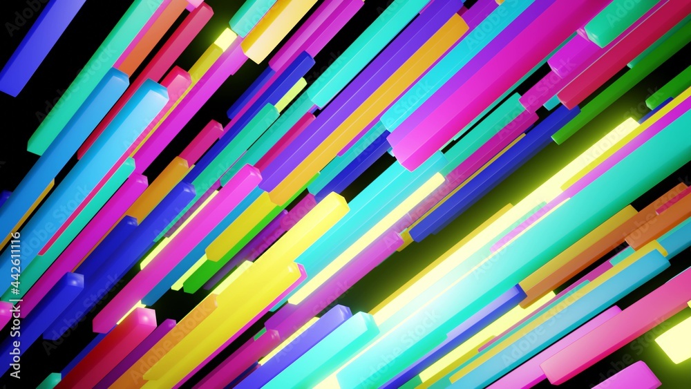 3d render. 3d abstract simple geometric background with multicolor rectangles like light elongated bulbs flashing neon lights fly in the air. Creative simple motion design bg 3d render. 3d abstract simple geometric background with multicolor rectangles like light elongated bulbs flashing neon lights fly in the air. Creative simple motion design bg