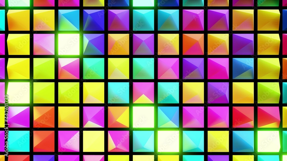 Fototapeta premium 3d render. Abstract festive background with multi-colored pyramids on a plane flashing neon light randomly.