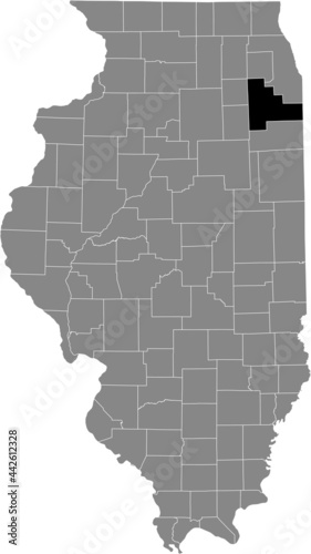 Black highlighted location map of the Illinoisan Will County inside gray map of the Federal State of Illinois, USA