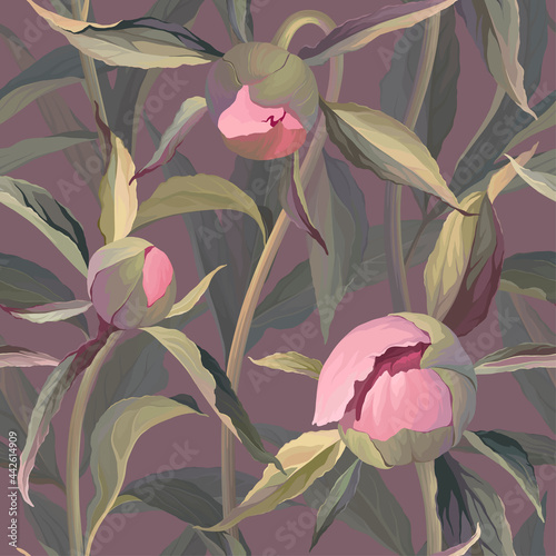 Seamless pattern with buds of peonies on a lilac background.