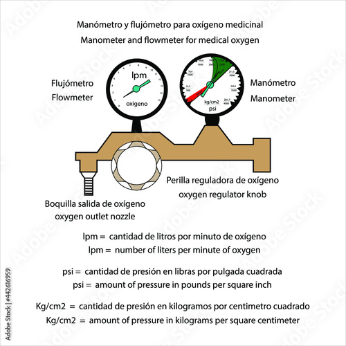 Diagrama de un manómetro y flujometro con sus especificaciones vector