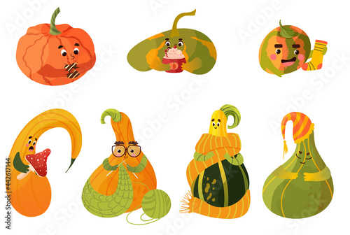 Pumpkins characters set.  Cute pumpkins drinking coffee, eating donuts, knitting scarf, sleeping. Vector illustration in cartoon style