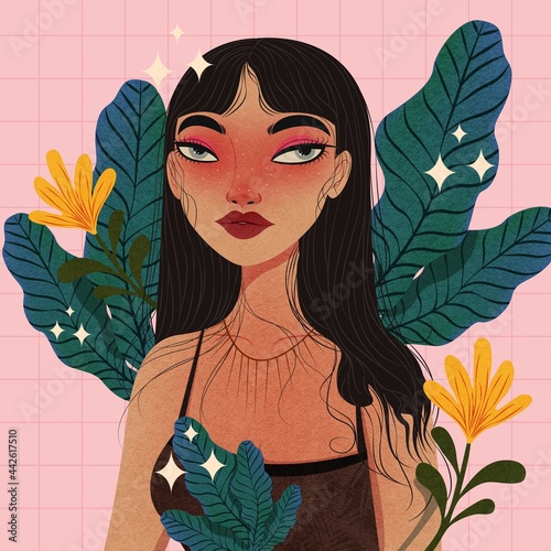 Illustration Of Stylish Woman With Leafs And Flowers