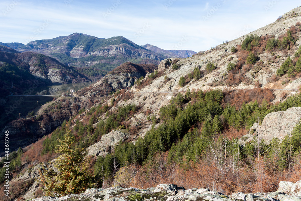 landscape of Rhodope Mountains near Borovitsa Reservoir, Bulgaria landscape of Rhodope Mountains near Borovitsa Reservoir, Bulgaria