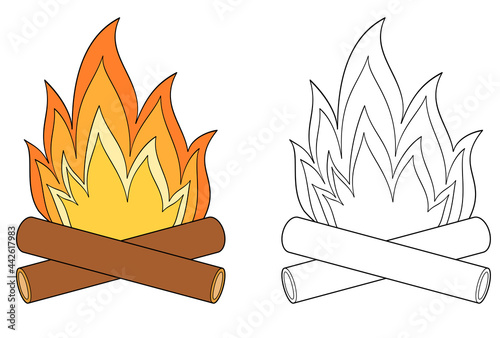 Camp fire colorful and black and white. Coloring book page for children. Bonfire vector illustration isolated on white background.