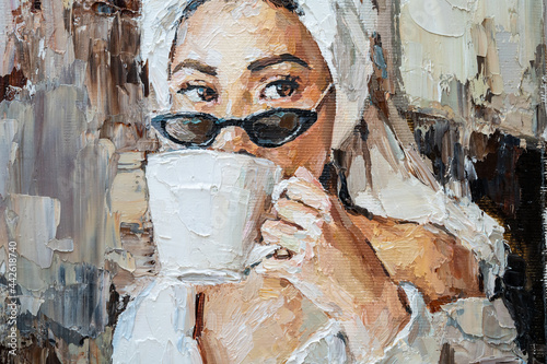 The girl in black glasses and a white robe. A towel is tied on her head. A woman is drinking coffee. Oil painting on canvas.