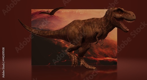 Volcanic eruptions Extinction of dinosaurs . Dinosaurs 3d illustration . realistic dinosaur photo .Includes a trex image .  3d rendering  © vayno