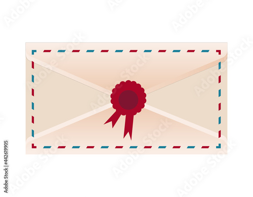 Old postage letter with a red ribbon seal on the back. Red and blue detailed lines.