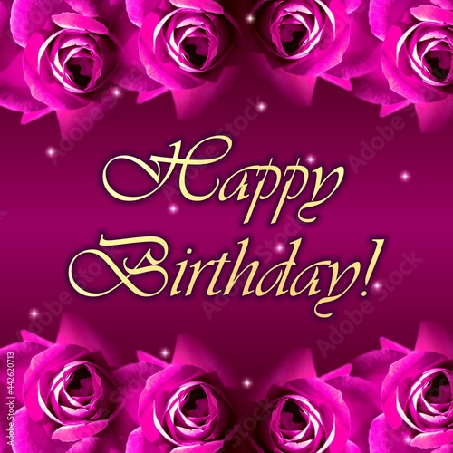 square card Happy birthday text with a frame of bright pink roses on a deep purple background with sparkles 