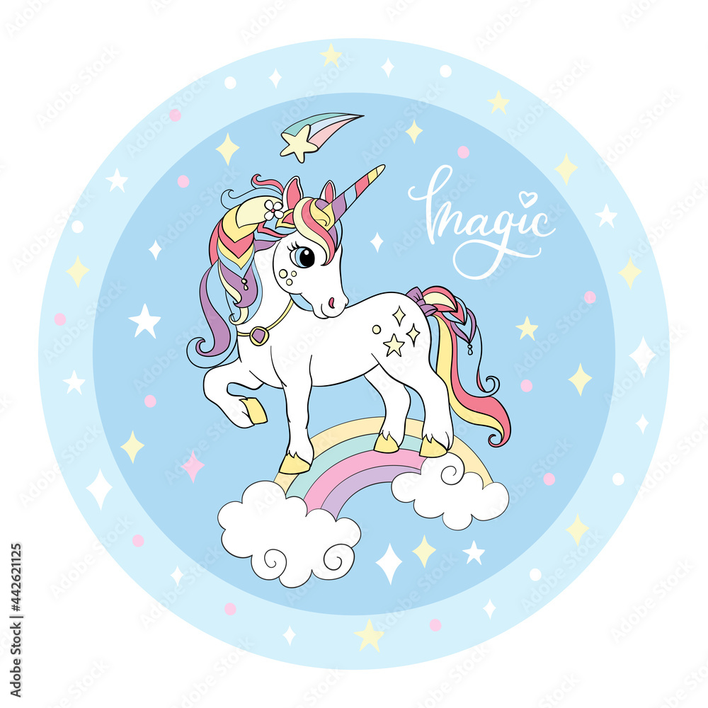 Cute unicorn standing on the rainbow circle blue Cute unicorn standing on the rainbow circle blue
