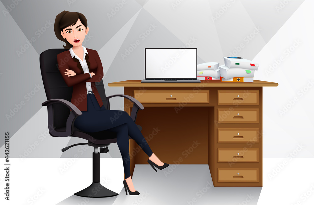 Businesswoman boss vector design. Business woman character in sitting pose and gesture with chair, desk and laptop element for working manager cartoon design. Vector illustration
Businesswoman boss vector design. Business woman character in sitting pose and gesture with chair, desk and laptop element for working manager cartoon design. Vector illustration