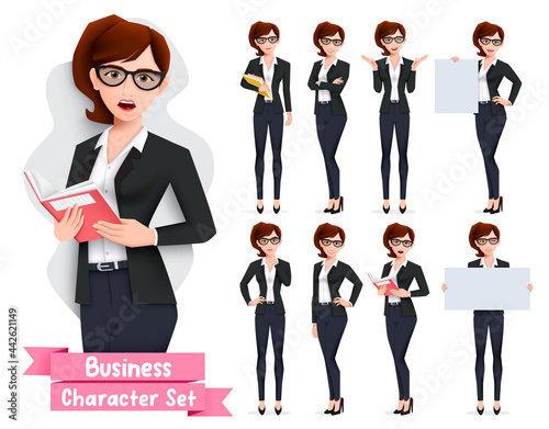 Business woman presentation character vector set. Businesswoman characters in presenting pose and gestures holding whiteboard element for employee presenter collection design. Vector illustration

