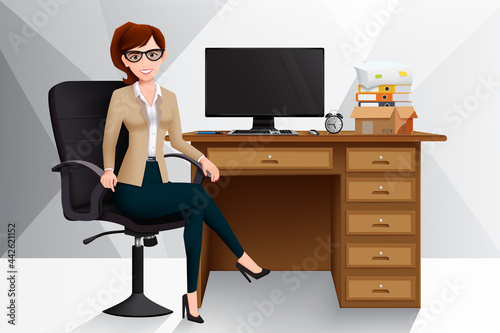 Business woman manager in office vector design. Businesswoman character sitting in work place with chair, desk and computer elements for boss employee working cartoon design. Vector illustration
