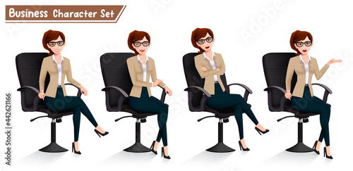 Business woman sitting vector set. Businesswoman characters in office chair seat with happy and serious expressions for female boss characters cartoon collection design. Vector illustration
