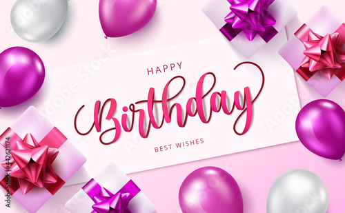 Happy birthday vector banner template. Happy birthday text in white board space with celebrating elements like balloons and gifts for birth day greeting card design. Vector illustration
