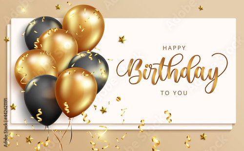 Happy birthday vector banner template. Happy birthday to you text in whiteboard space with balloons and confetti elements for elegant birth day greeting design. Vector illustration
