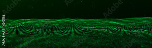 Wave of particles. Dynamic wave on green background. Big data visualization. Data technology abstract futuristic illustration. 3d rendering.