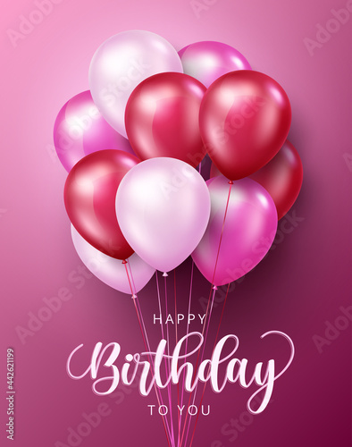 Happy birthday balloon vector poster design. Happy birthday to you text with balloons decoration element in pink background for birth day celebration greeting card design. Vector illustration
