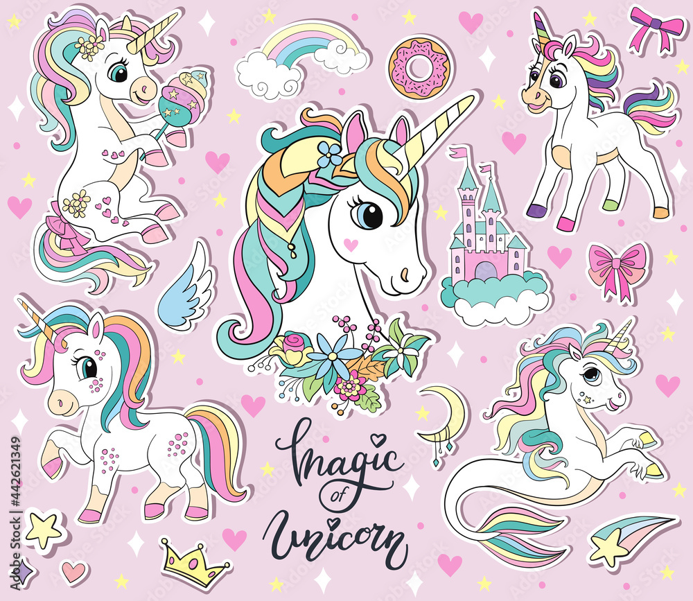 Sticker pack cute cartoon unicorns vector illustration Stock Vector | Adobe  Stock