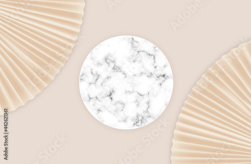 3d podium display set. Copy space vector 3d rendering , beige background,Cosmetics or beauty product mockup,Trendy Paper fan abstract banner,illustration EPS10.