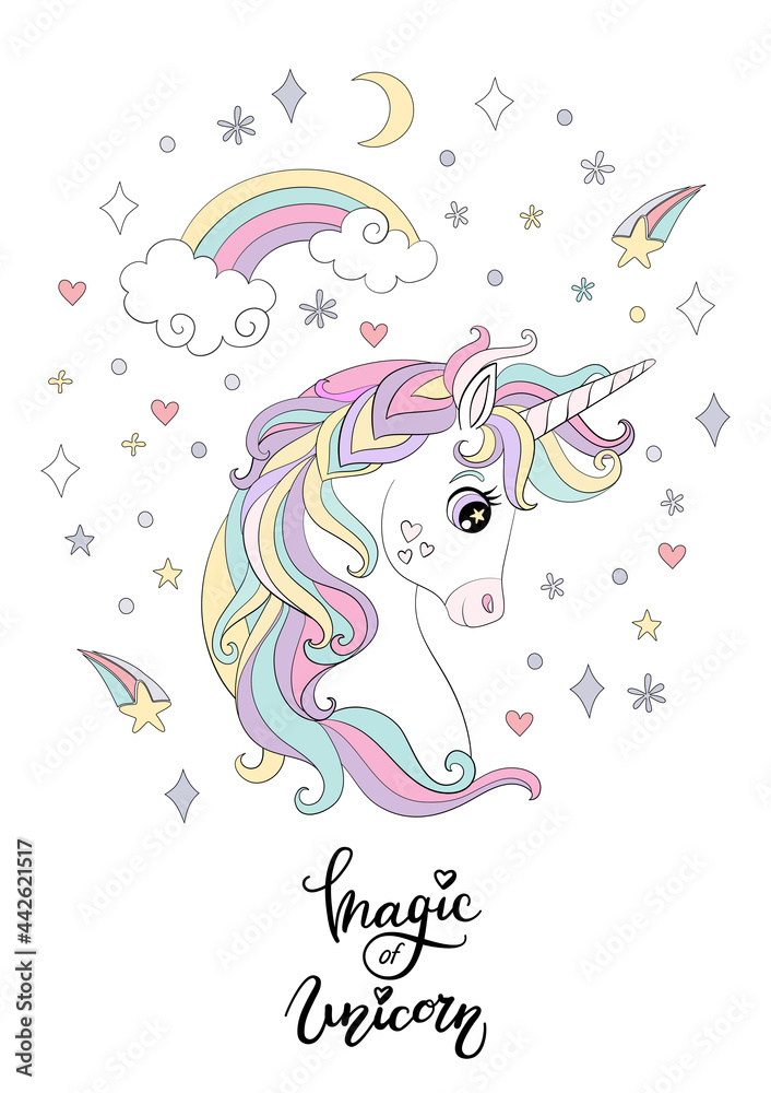 Cartoon unicorn with magic elements vector poster Cartoon unicorn with magic elements vector poster