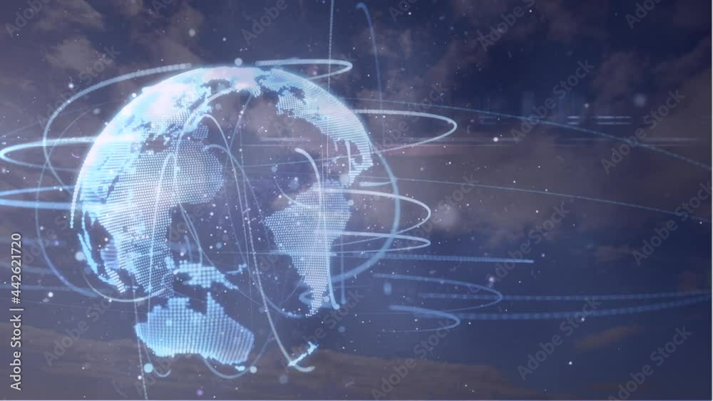 Animation of globe with network of connections over sky Animation of globe with network of connections over sky