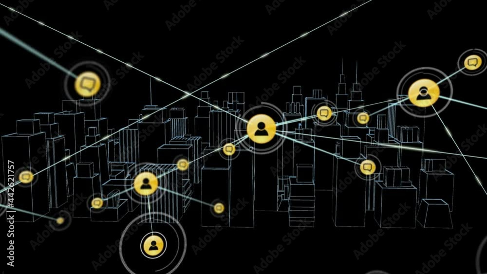 Animation of network of connections with icons over 3d city drawing Animation of network of connections with icons over 3d city drawing
