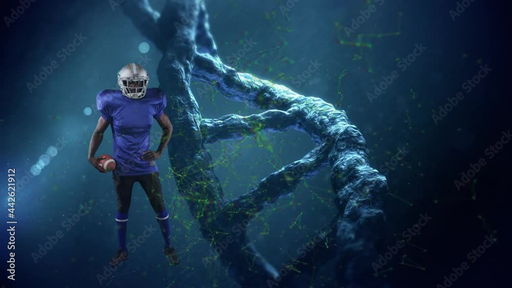 Animation of dna strand spinning over american football player Animation of dna strand spinning over american football player