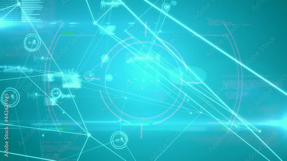 Animation of data processing and network of connections on green background Animation of data processing and network of connections on green background