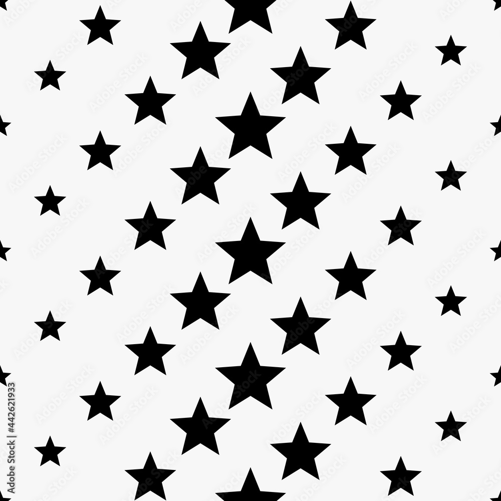 Seamless stars pattern. Vector black stars wallpaper. Large and small stars.