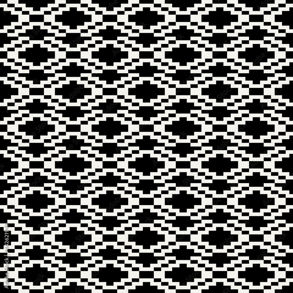 Pixels ornament. White background and black pixel pattern. Seamless rhombus pixels.