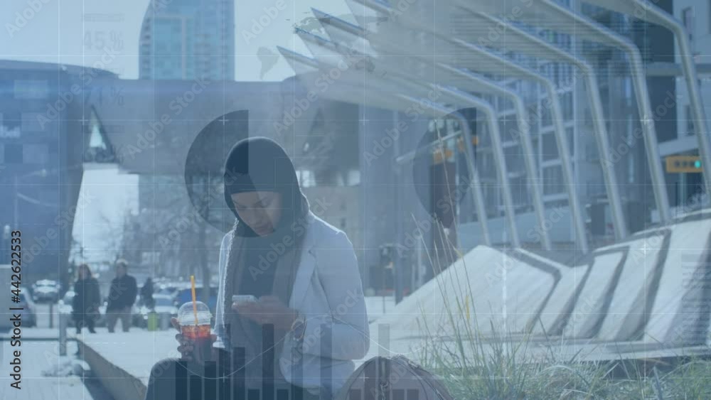 Animation of statistics and financial data processing over woman using smartphone Animation of statistics and financial data processing over woman using smartphone