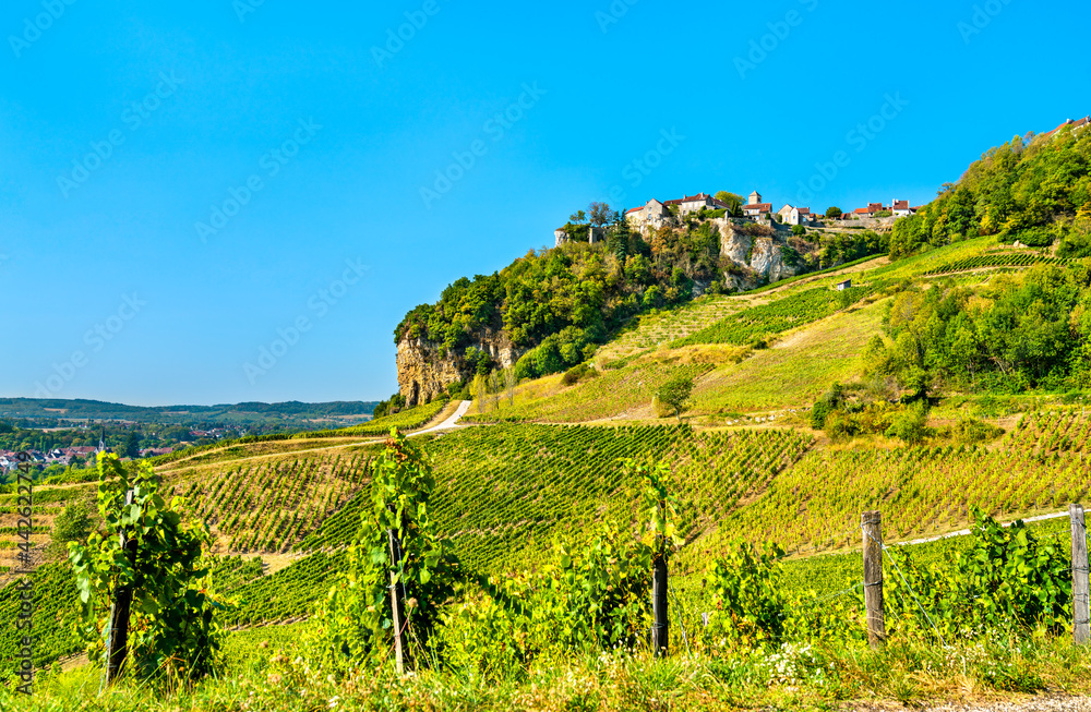 Chateau-Chalon village above its vineyards in Jura, France