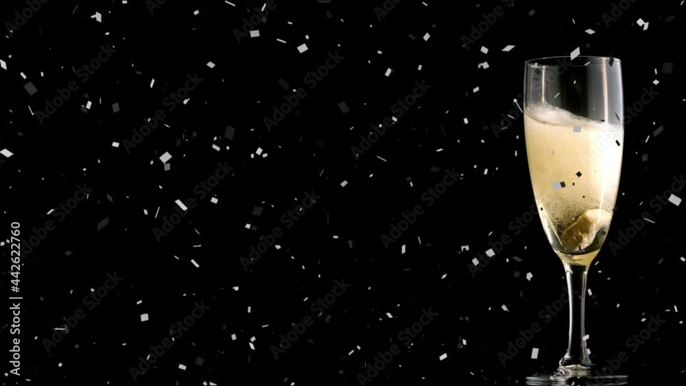 Animation of confetti falling and glass of champagne on black background Animation of confetti falling and glass of champagne on black background